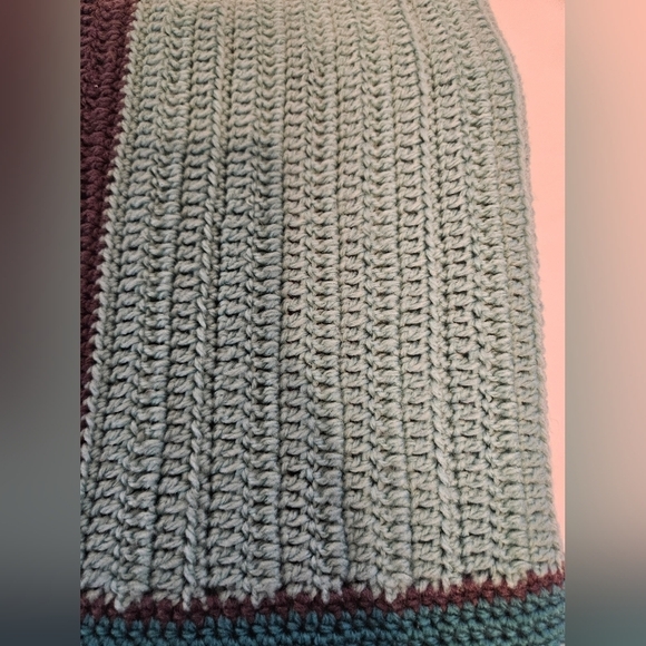 Handmade Upcycled Baby Blanket Blue Brown Striped Hand knit Crochet Nursery Gift - Picture 12 of 16